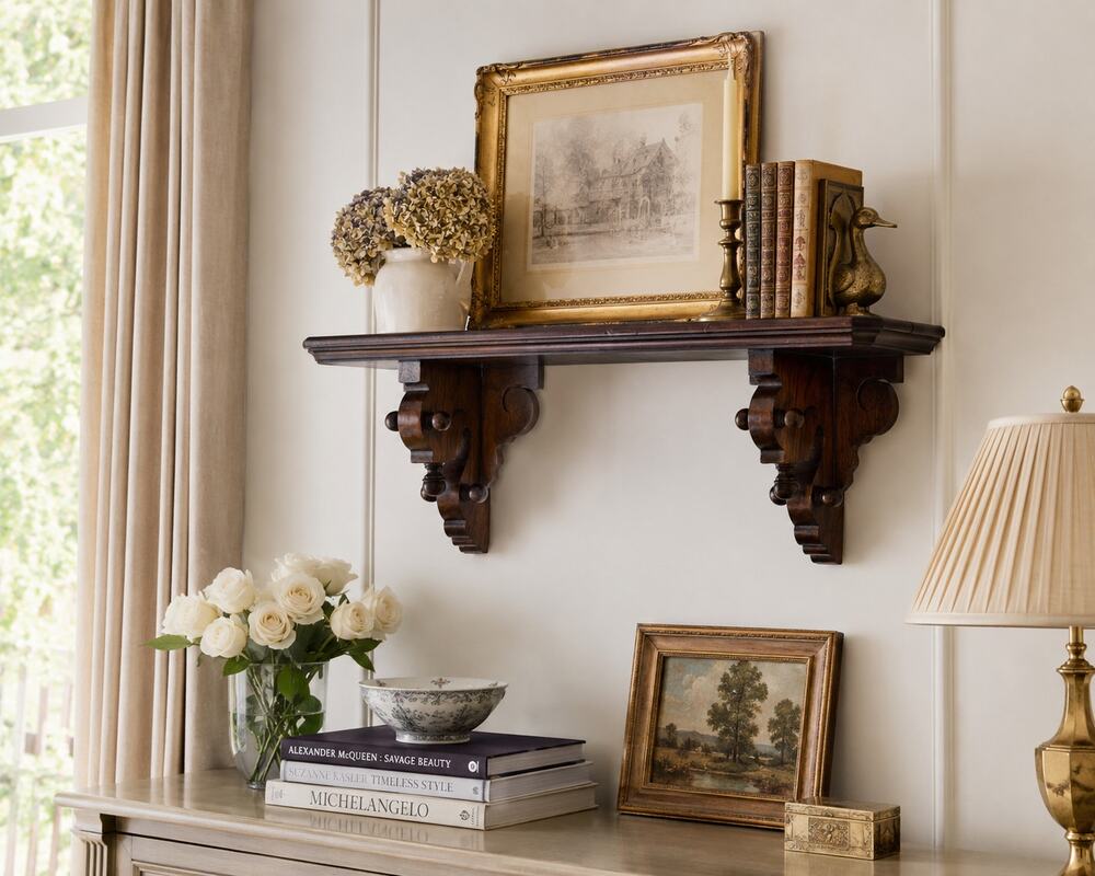 Vintage Solid Wood Plate Display Shelf with Carved Corbels, Colonial Revival